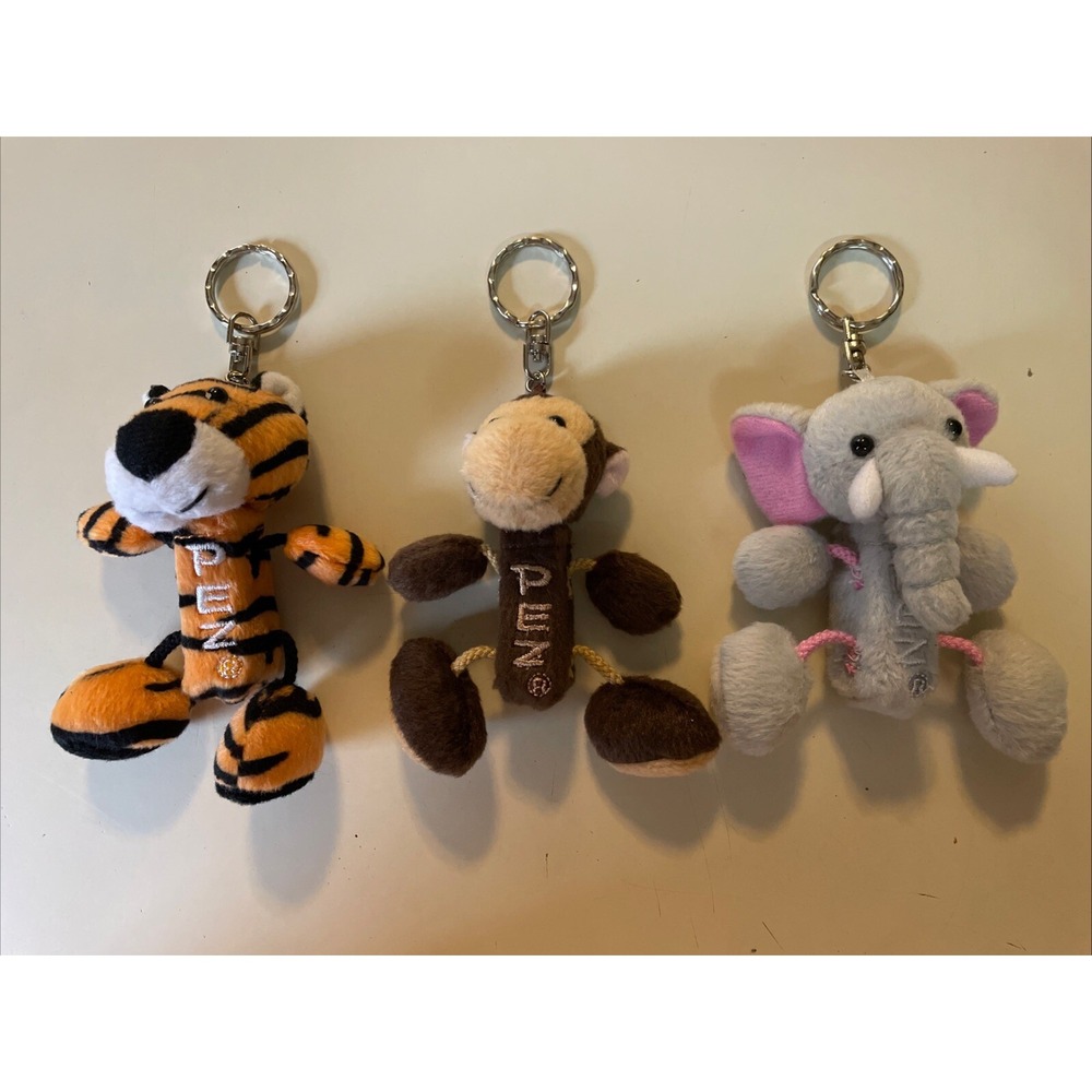 Vintage PEZ Safari Animals Plush Keychain Holder Lot of 3 Tiger Monkey Elephant